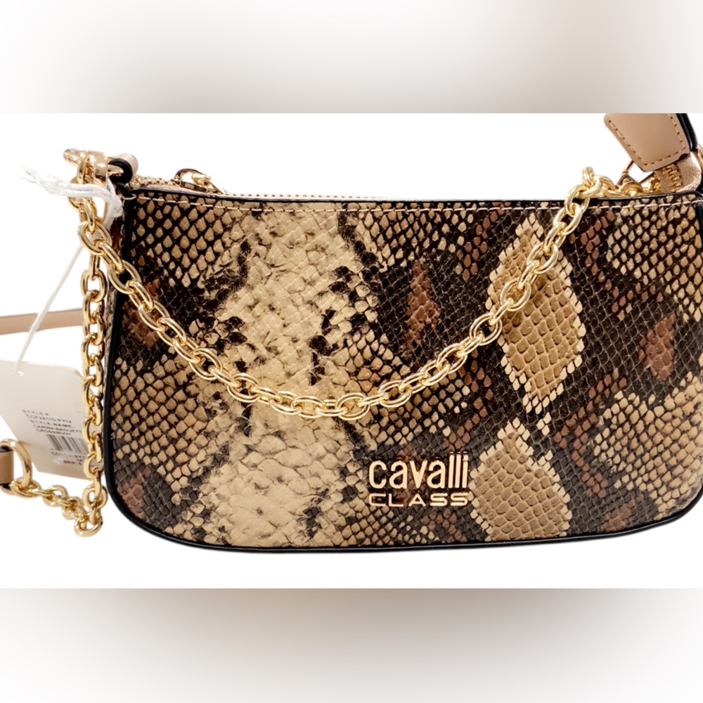 Cavalli Class Brown and Gold Crossbody Bag with Snake Print